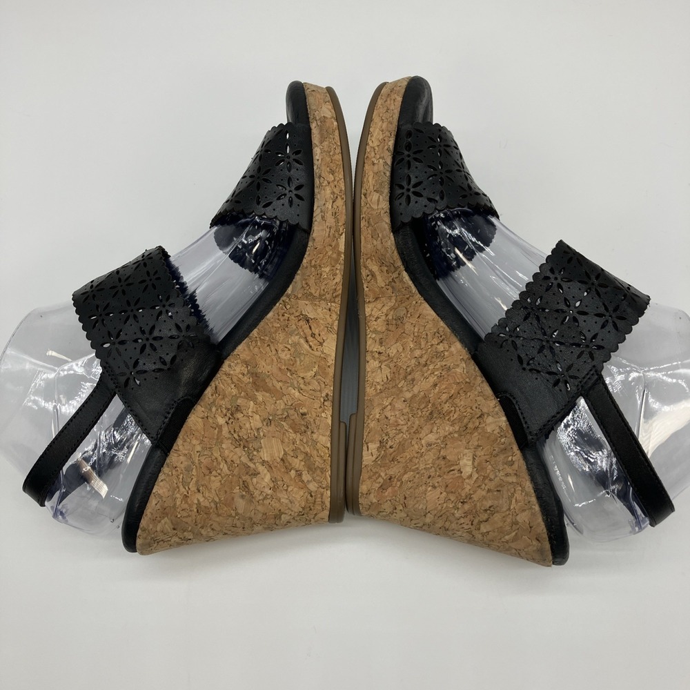 Walking Cradles Sandals 9 W Black Leather Cork Wedge Slingback Shoes Ankle Strap - Picture 7 of 14